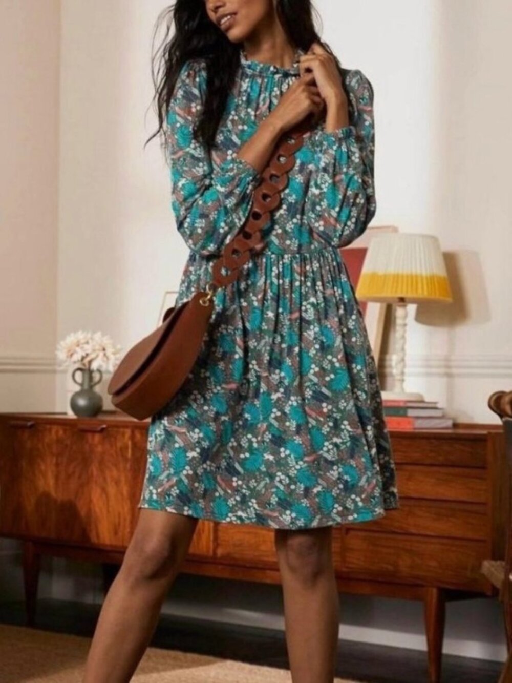 BODEN Clara Dress 12P- Enchanted Forest Fox Green Ruffle Collar Jersey